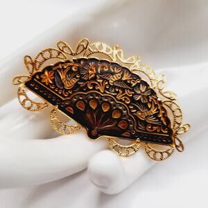 Vintage Spanish Damascene Fan Brooch Gold Black Filigree Pin 2.5 Inch